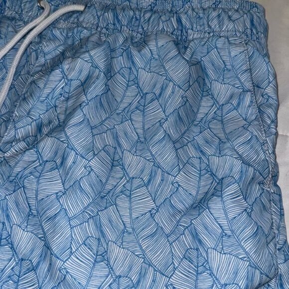 Mens Blue Swim Trunks With Drawstring Waist & Leaf Pattern - Picture 2 of 6